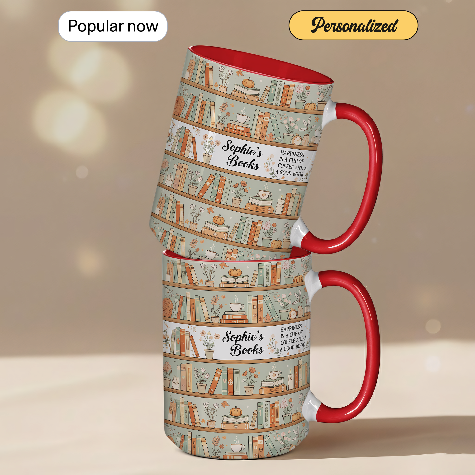 Personalized Book Lover Mug – Custom Name Bookshelf Coffee Cup – Happiness Is Coffee and a Good Book – 11oz 15oz Ringer Mug |Mug 123