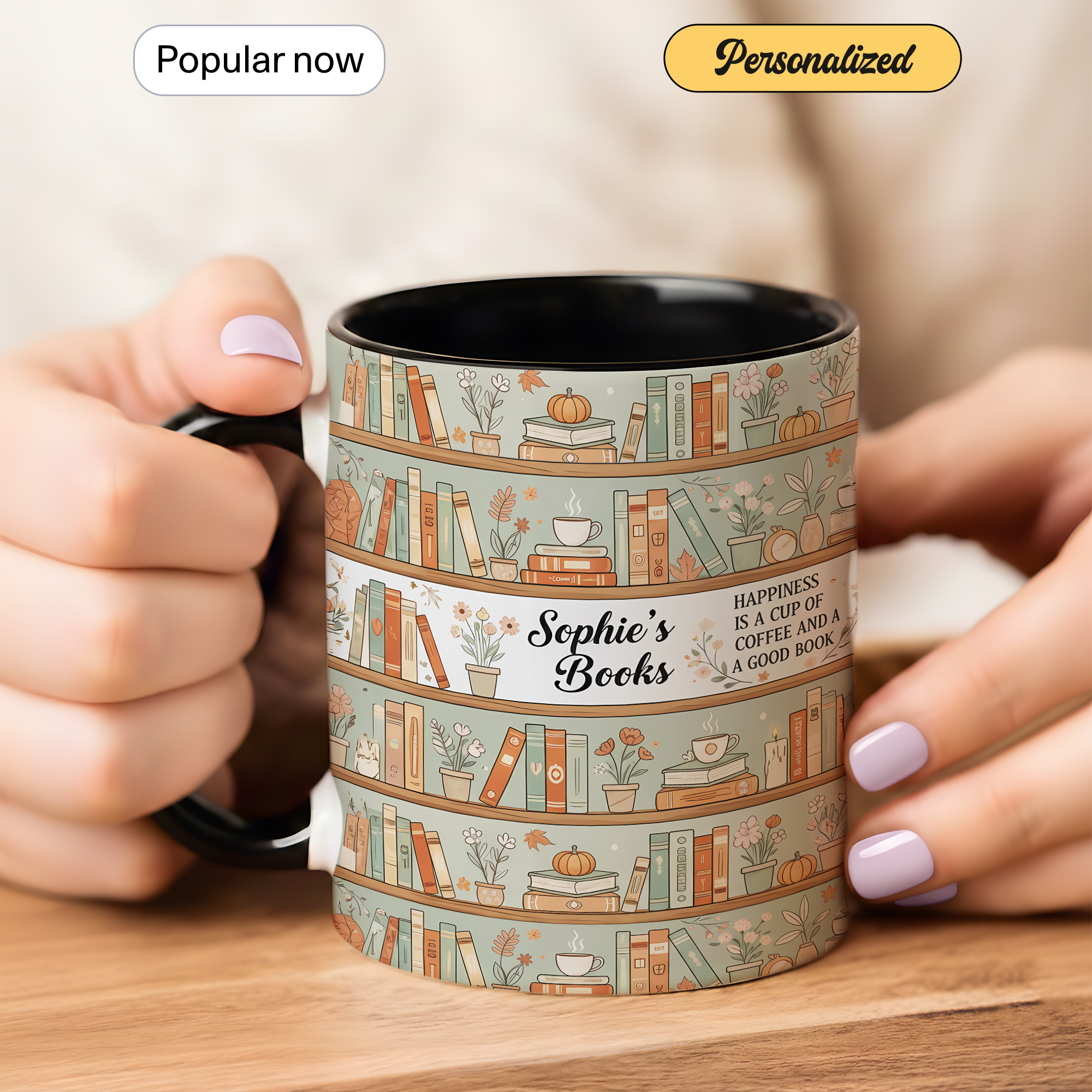 Personalized Book Lover Mug – Custom Name Bookshelf Coffee Cup – Happiness Is Coffee and a Good Book – 11oz 15oz Ringer Mug |Mug 123