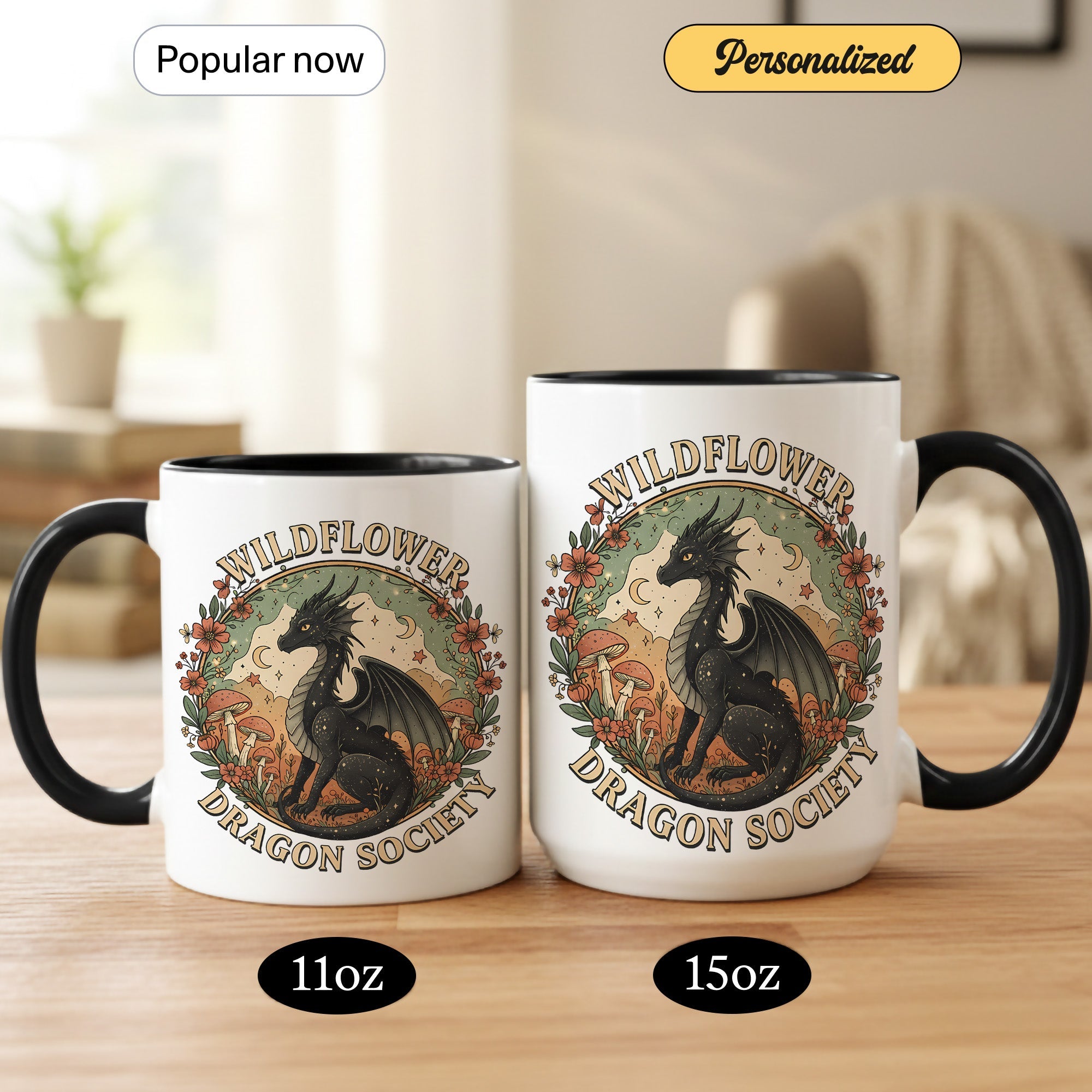 Wildflower Dragon Society Mug – Fantasy Dragon Lover Gift – Cottagecore Coffee Cup – Mythical Art Mug 11oz 15oz Ringer |Mug 131