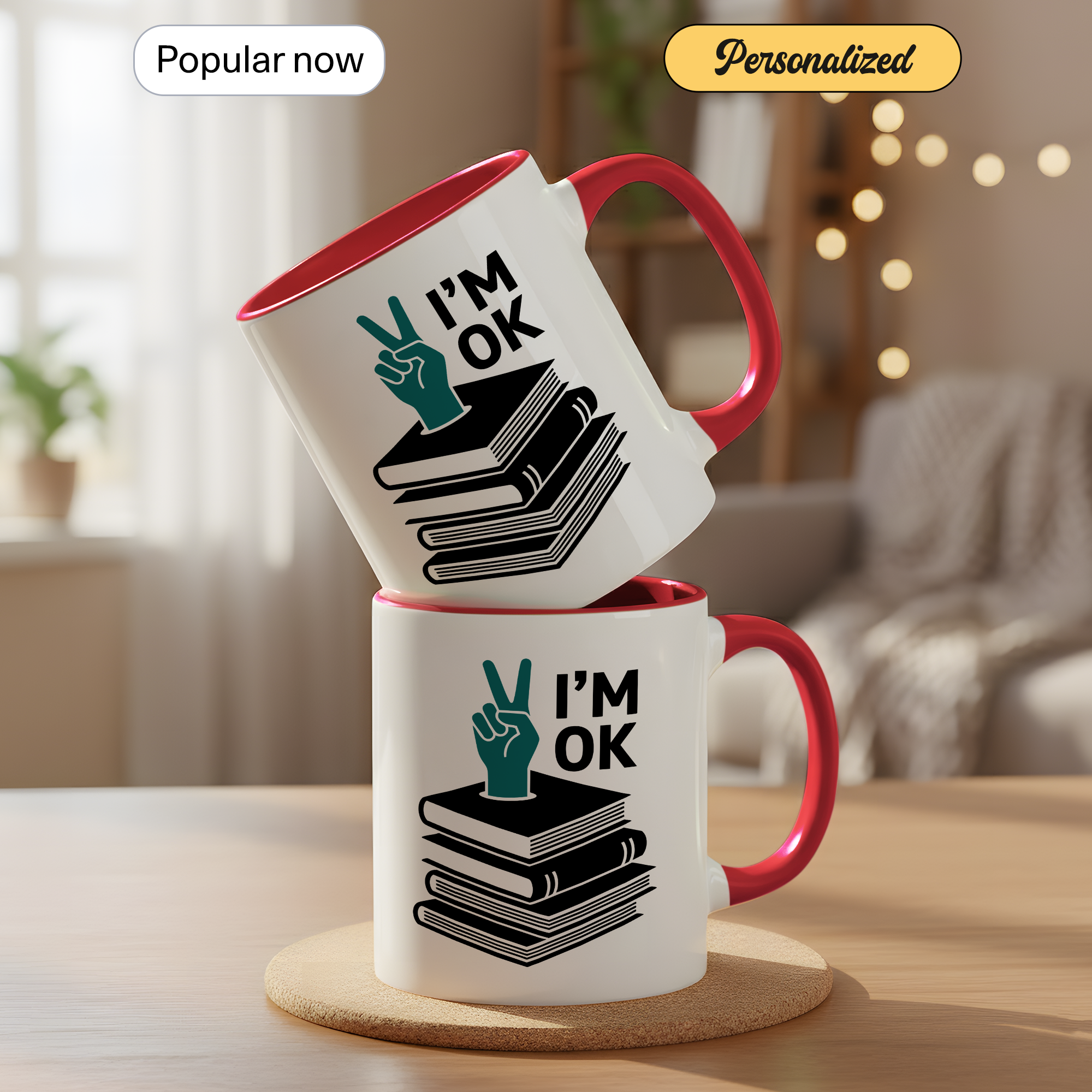 I’m OK Book Mug – Funny Introvert Reader Coffee Cup – Book Lover Humor Gift – 11oz 15oz Ringer Mug |147