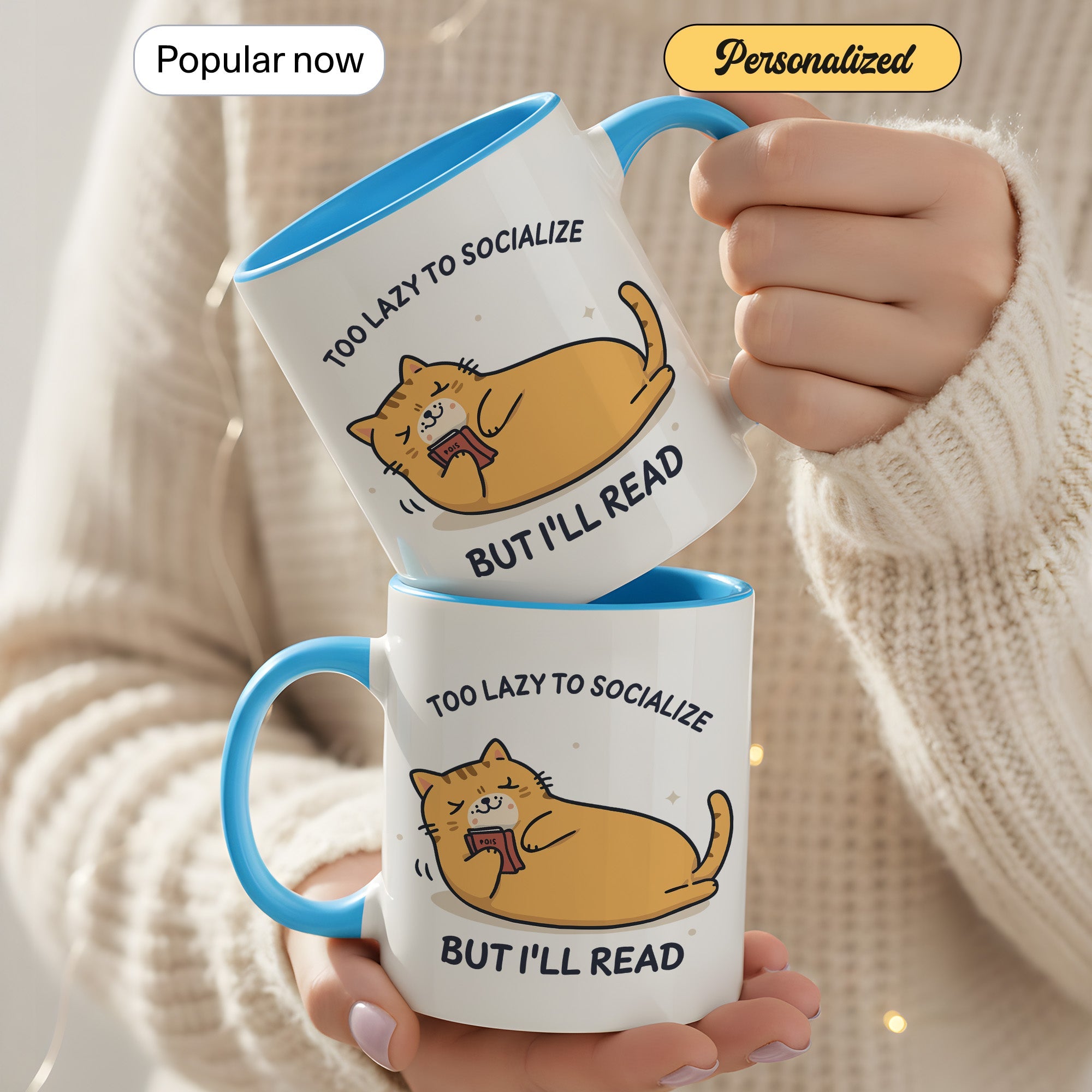 Too Lazy To Socialize But I’ll Read Mug – Funny Cat Lover Book Mug – Introvert Reader Coffee Cup – 11oz 15oz Ringer | Mug 130