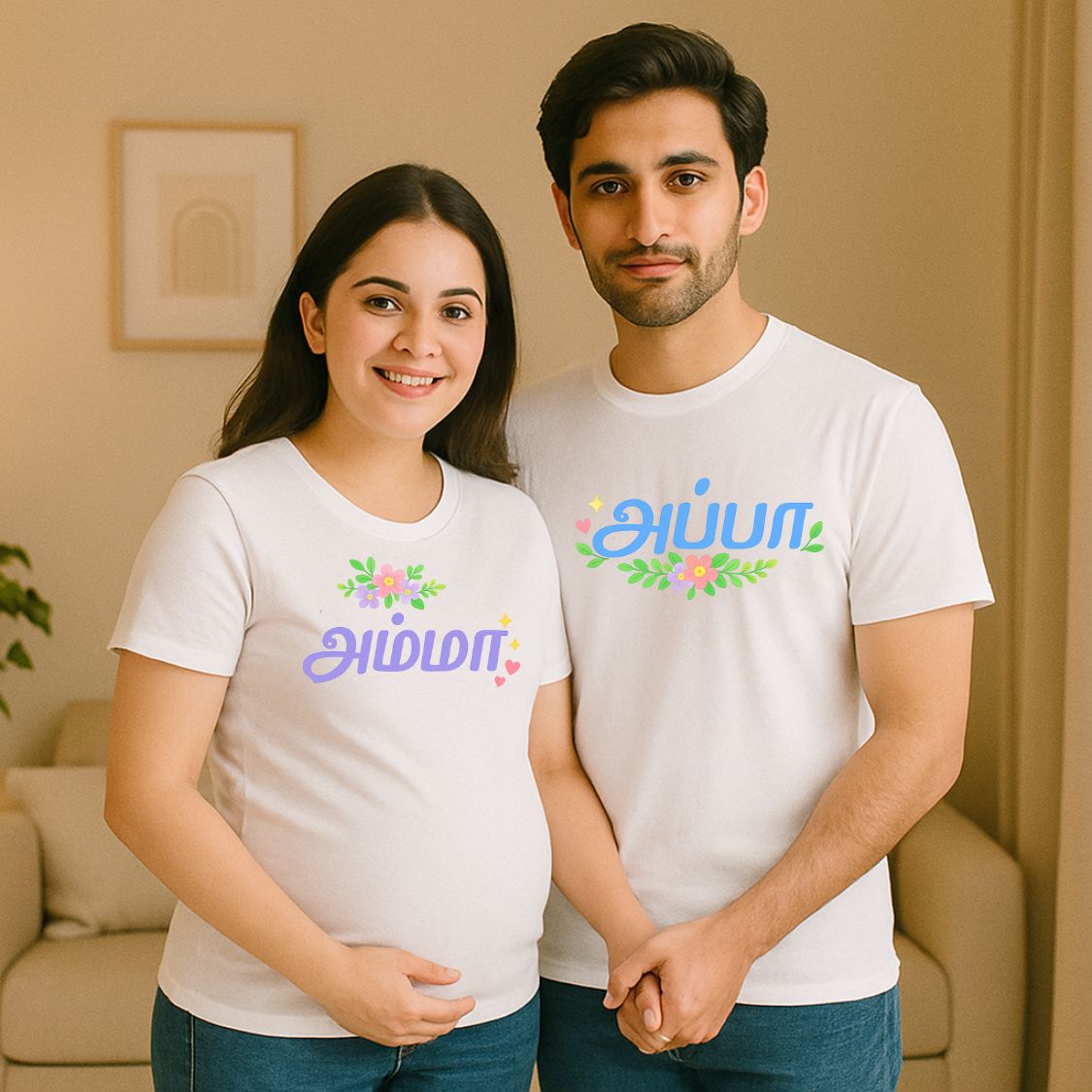 Floral Amma & Appa Vibes – Tamil Printed Regional Maternity Couple T-Shirts