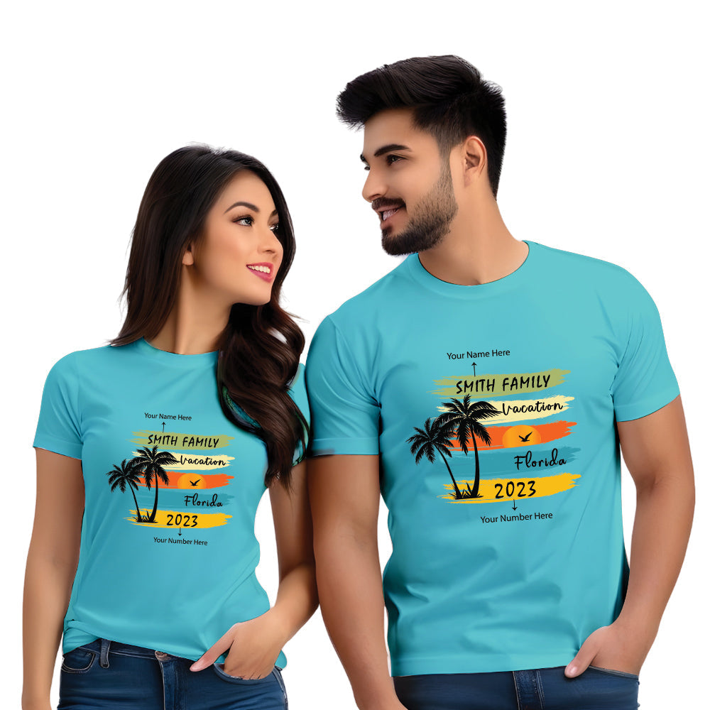 Half Sleeve Name Vacation Print Couple T Shirt