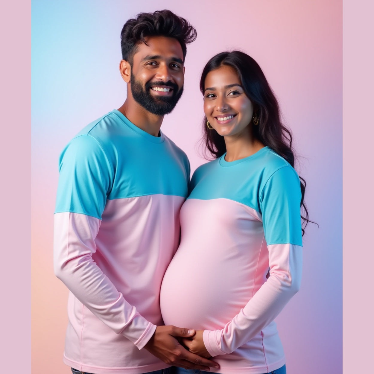 Blue and Pink Cut Sew Colour Block Maternity Couple Tshirt
