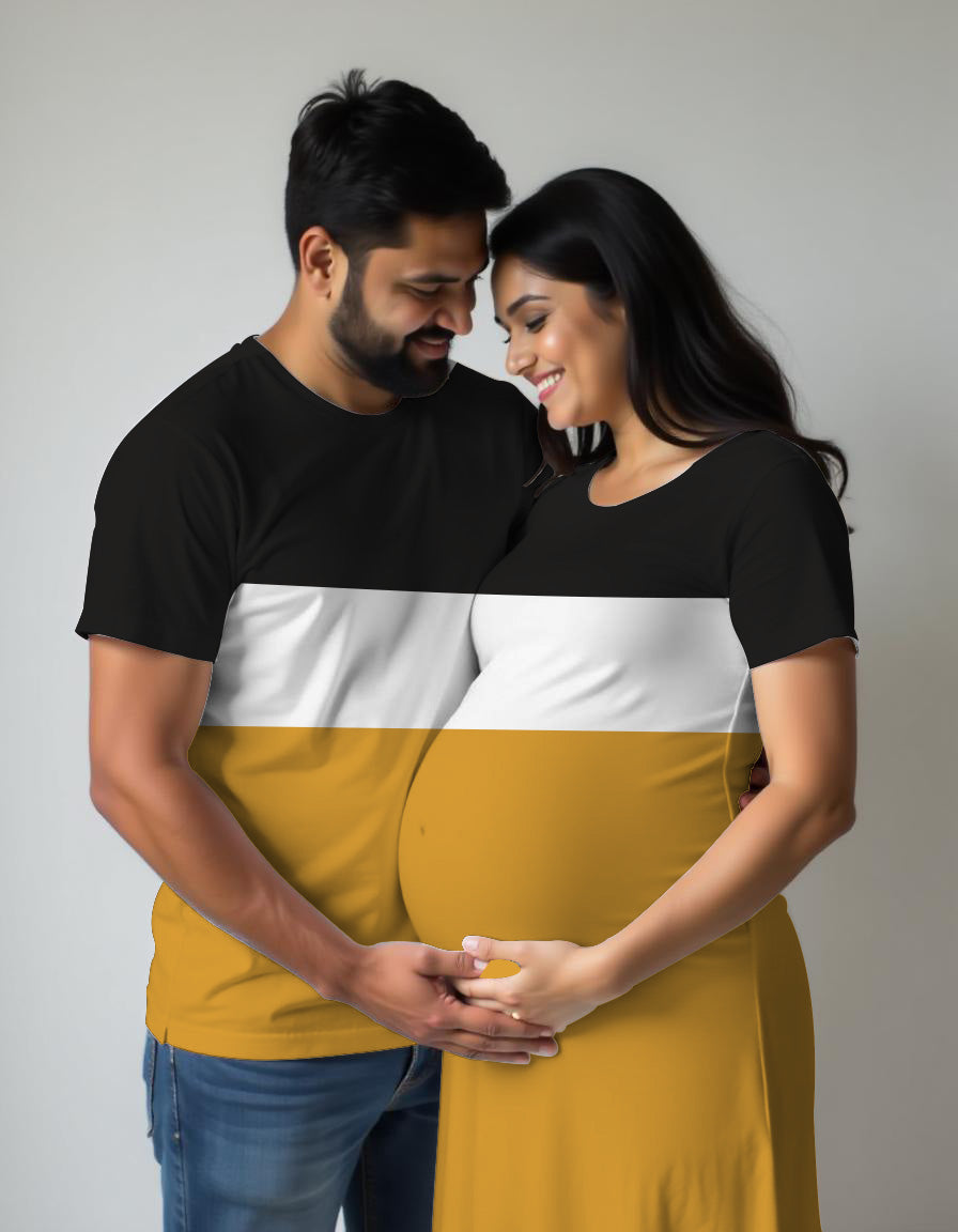Black White Mustard Color Block Tshirt Dress for Mom and Tshirt for Dad
