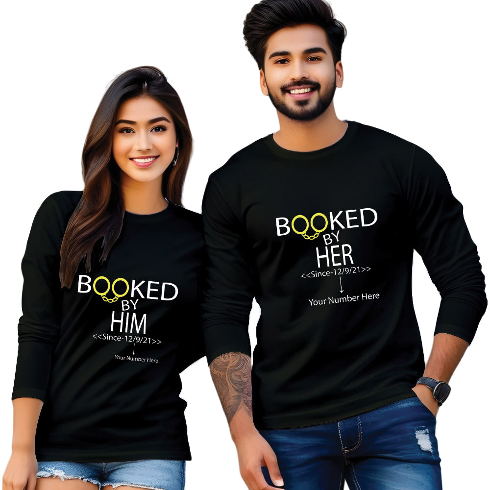 Booked by Him & Her printed couple T shirt