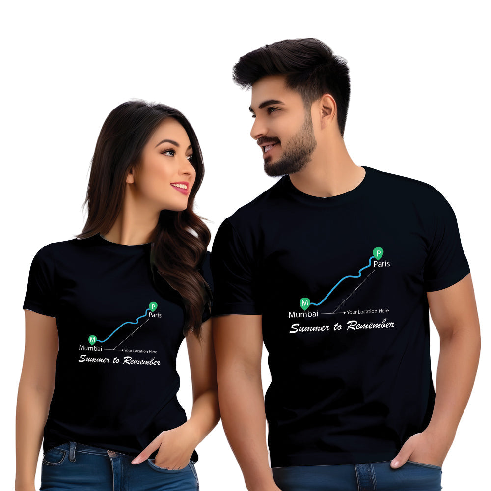 Mumbai to Paris Print Couple T Shirt