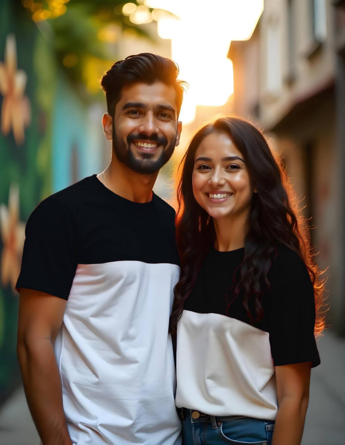Black-White Trendy Color Block Couple T-Shirts