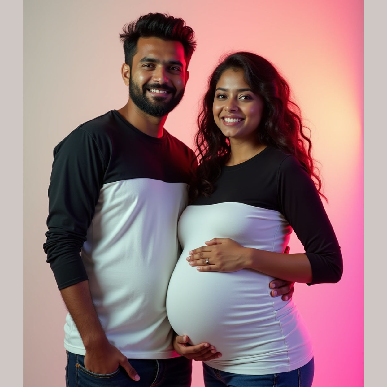 Black and White Cut Sew Colour Block Maternity Couple Tshirt
