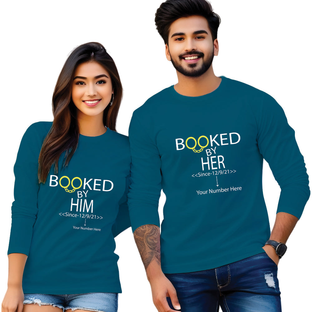 Booked by Him & Her printed couple T shirt