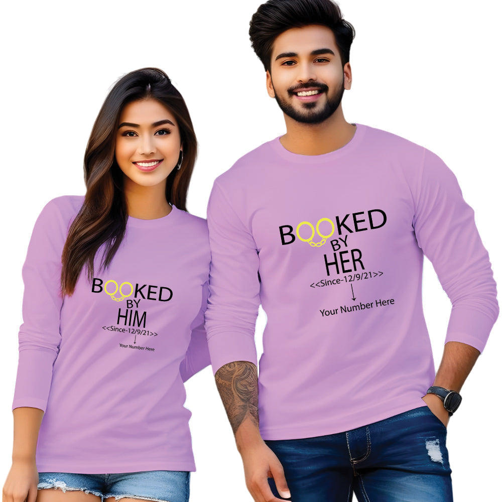 Booked by Him & Her printed couple T shirt