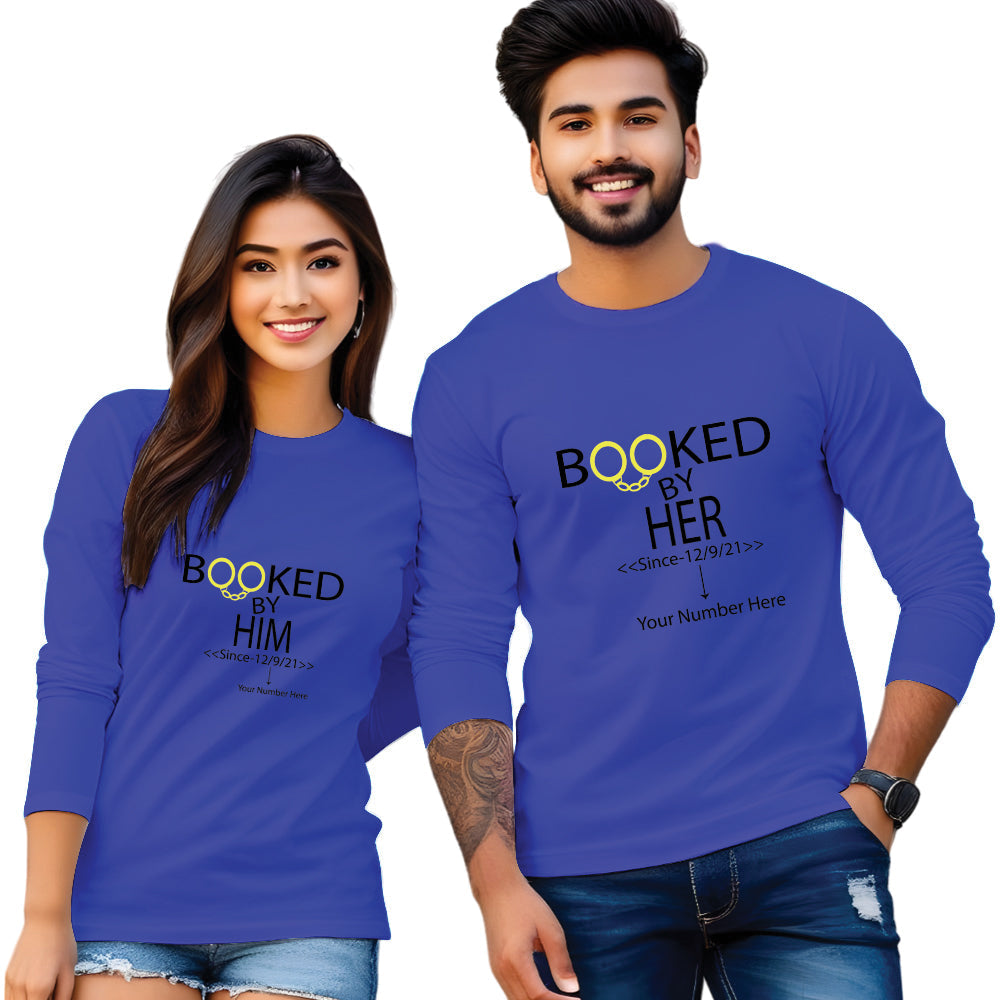 Booked by Him & Her printed couple T shirt