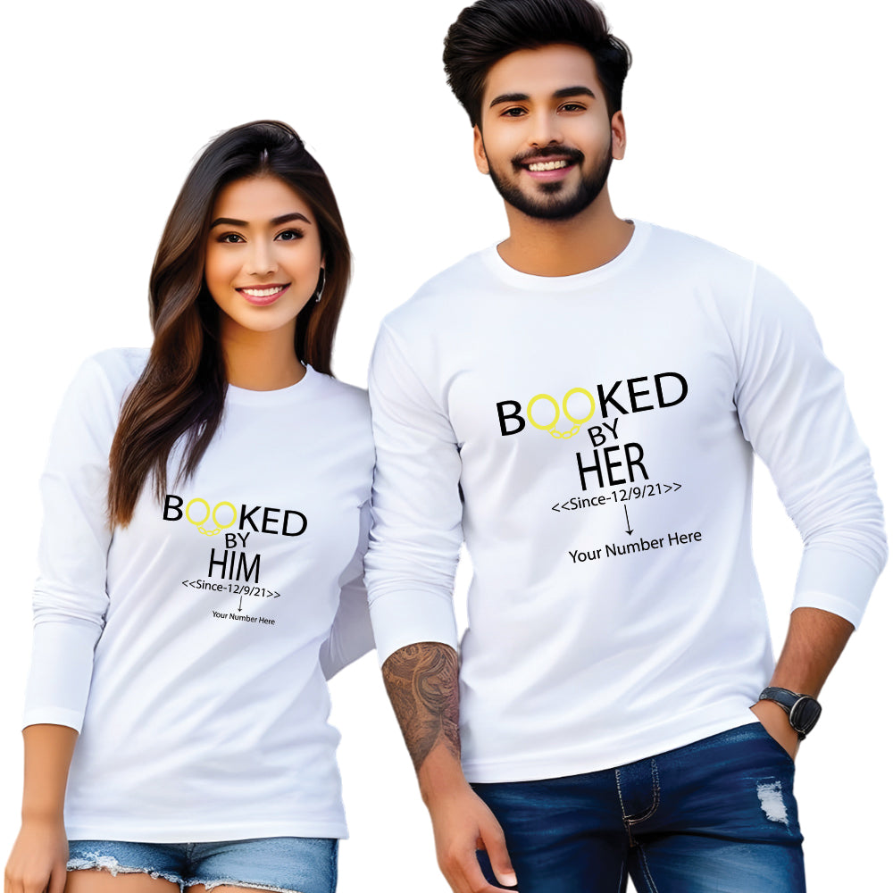Booked by Him & Her printed couple T shirt
