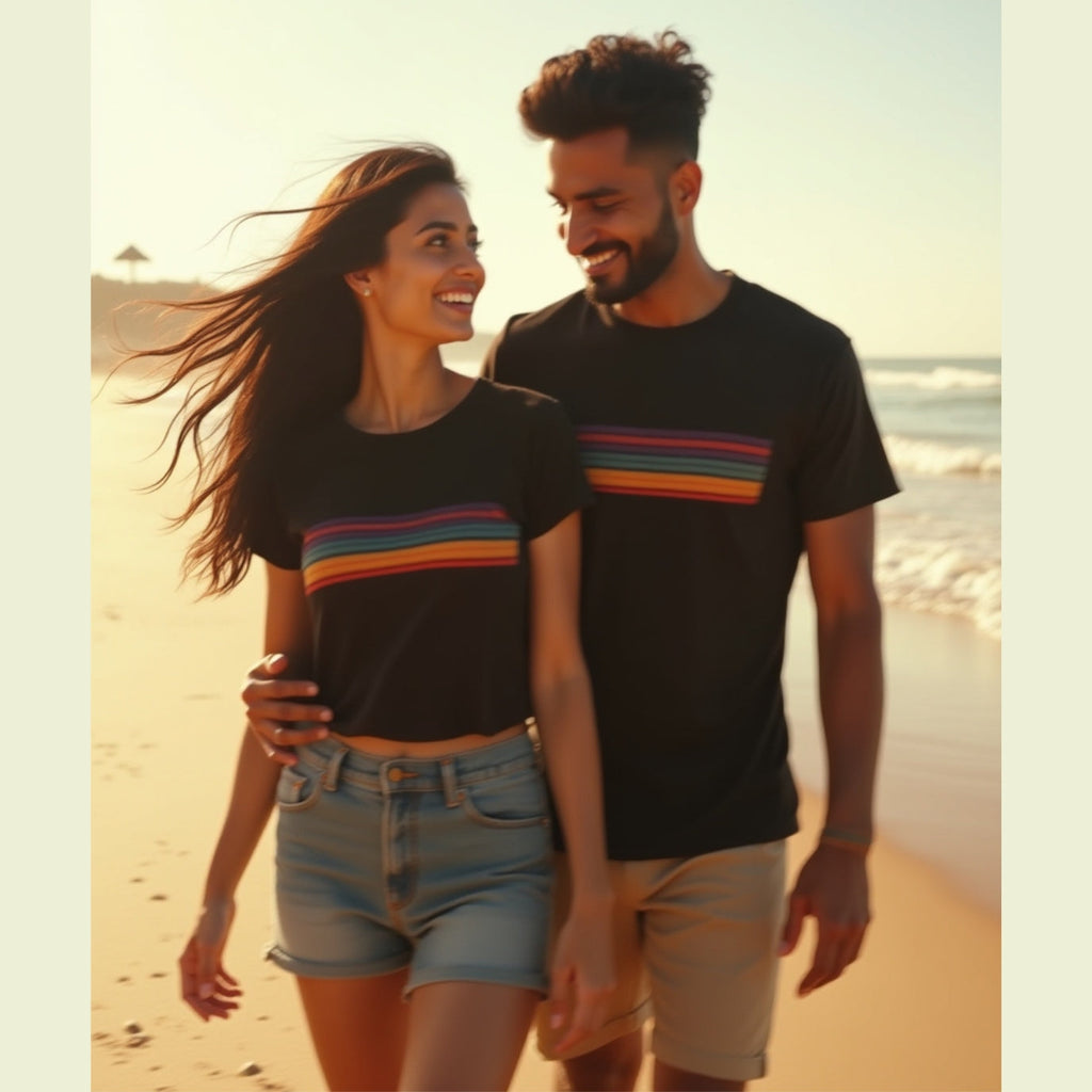 Colorful Striped Matching Couple T-Shirts – Black