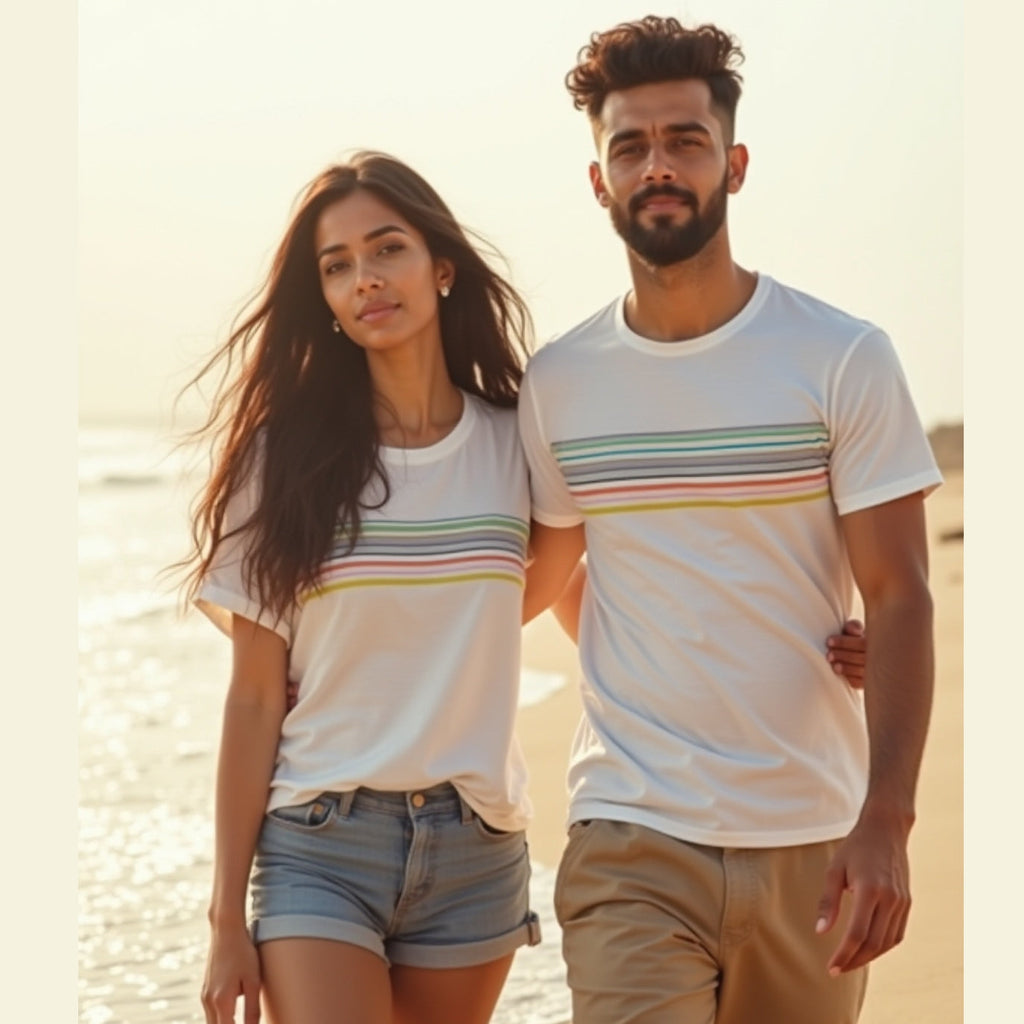 Colorful Striped Matching Couple T-Shirts – White