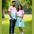 Pastel Pink-White-Pastel Blue Color Block Matching Couple T-Shirts & Dress