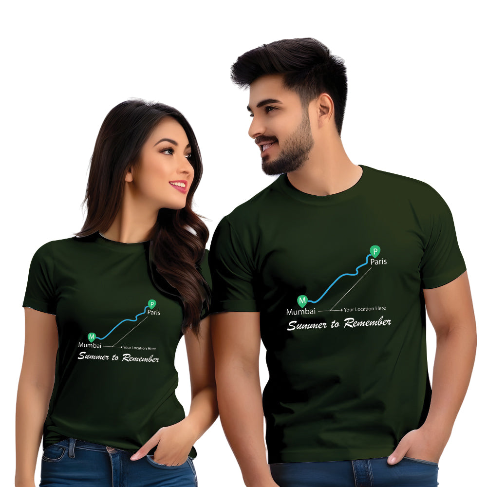 Mumbai to Paris Print Couple T Shirt
