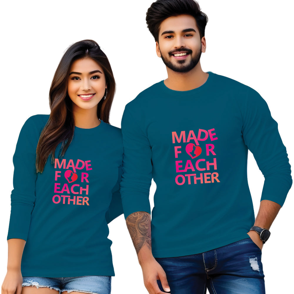 Made for Each Other Print Full Sleeve Couple T Shirt