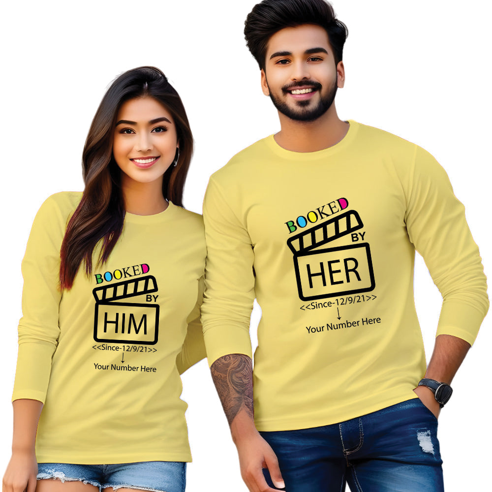 Booked by Him & Her Printed Couple Full Sleeve T Shirt
