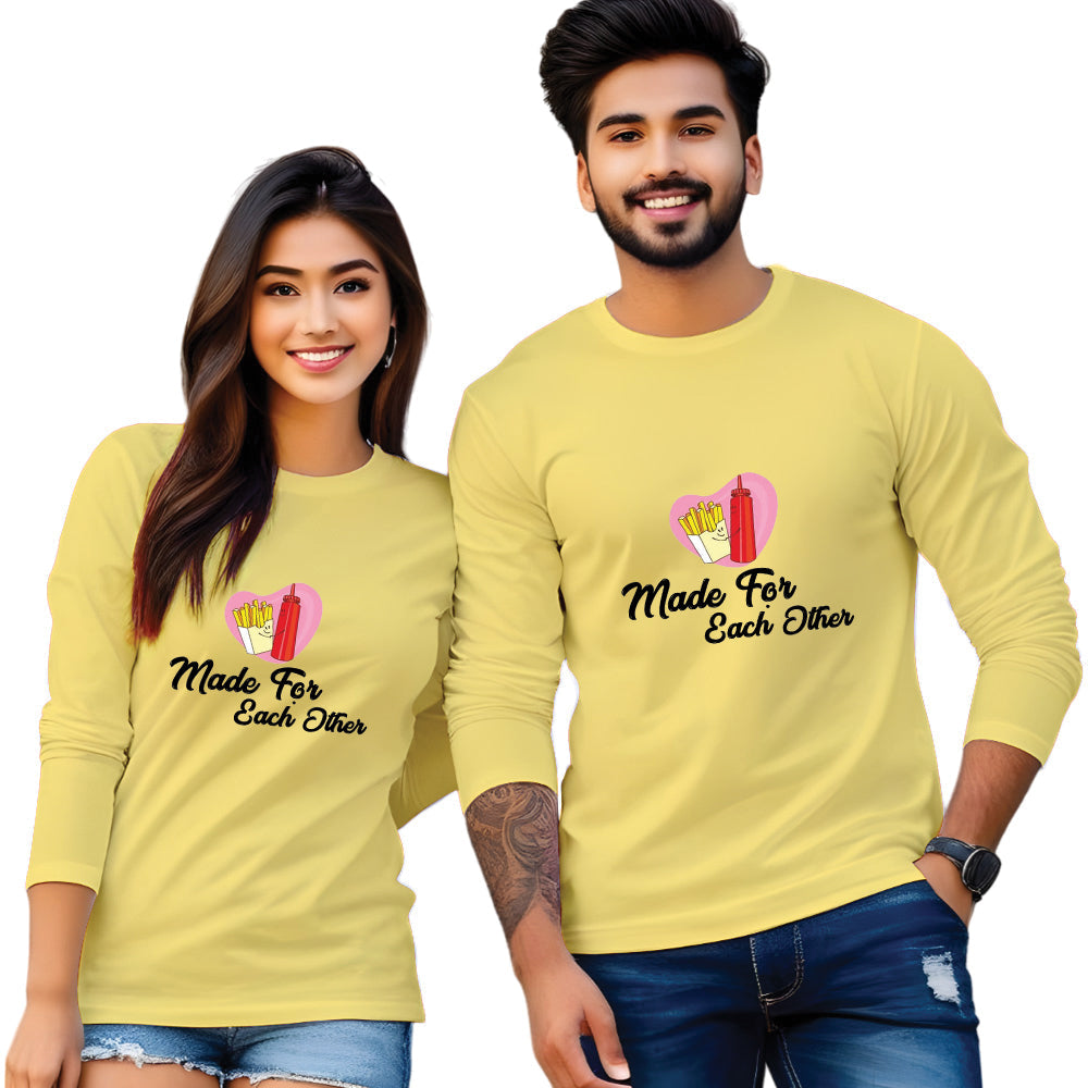 Made for Each Other Print Full Sleeve Couple T Shirt