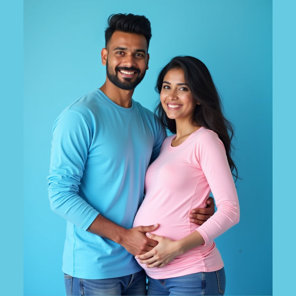 Plain Blue Pink Full Sleeve Maternity Couple T-Shirts