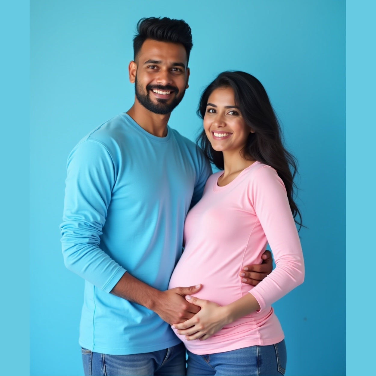 Plain Blue Pink Full Sleeve Maternity Couple T-Shirts