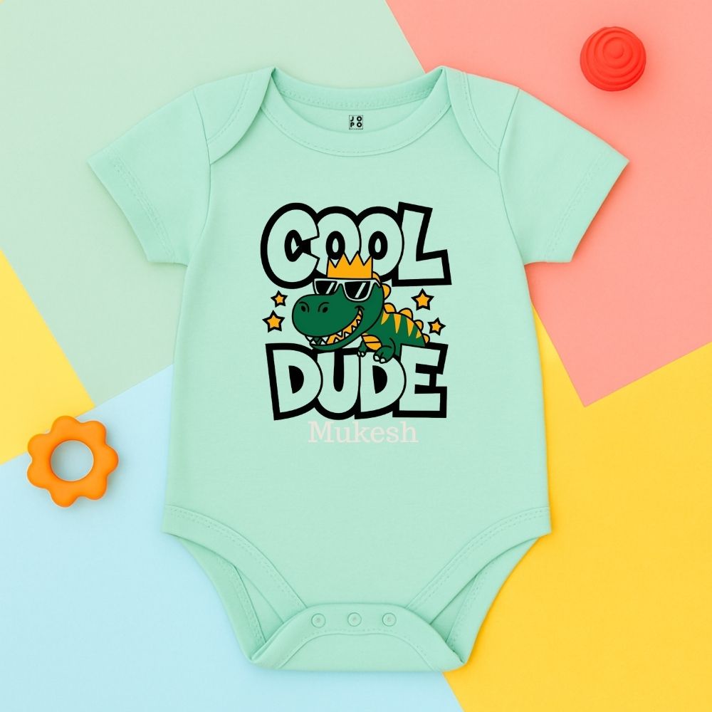 Cool Baby Onesie with Crowned Dino - Mint Green Personalized Baby Romper