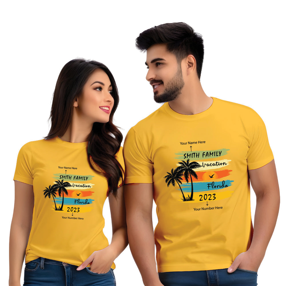 Half Sleeve Name Vacation Print Couple T Shirt