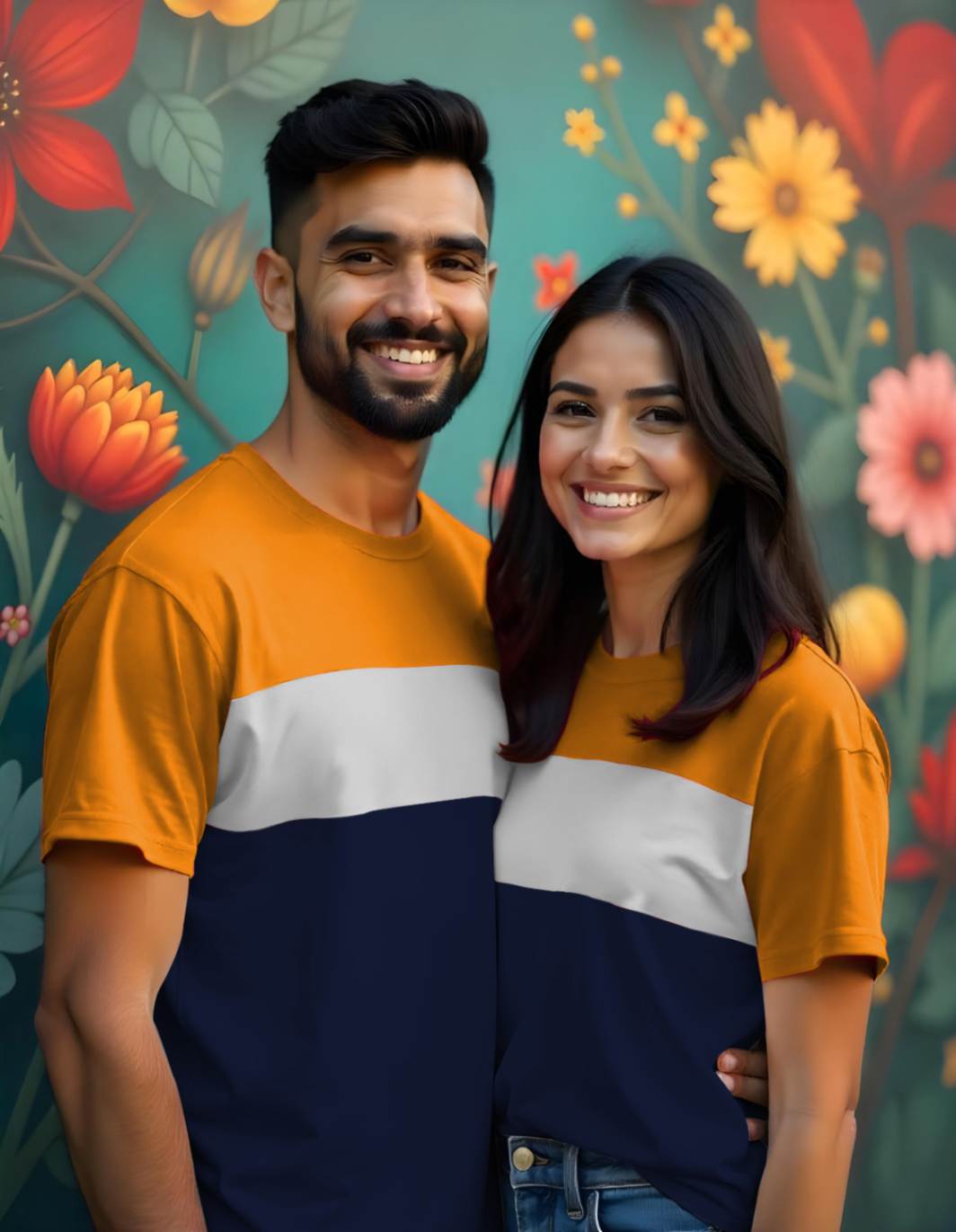 Mustard-White-NavyBlue Matching Cut & Sew Couple  T Shirts