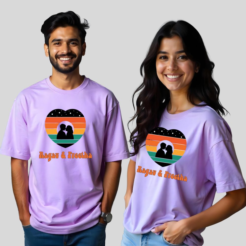 Custom Heart Design & Names : Personalised Oversized Couple Tees