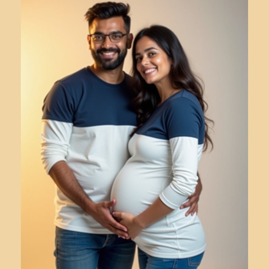 Navy and White Cut Sew Colour Block Maternity Couple Tshirt