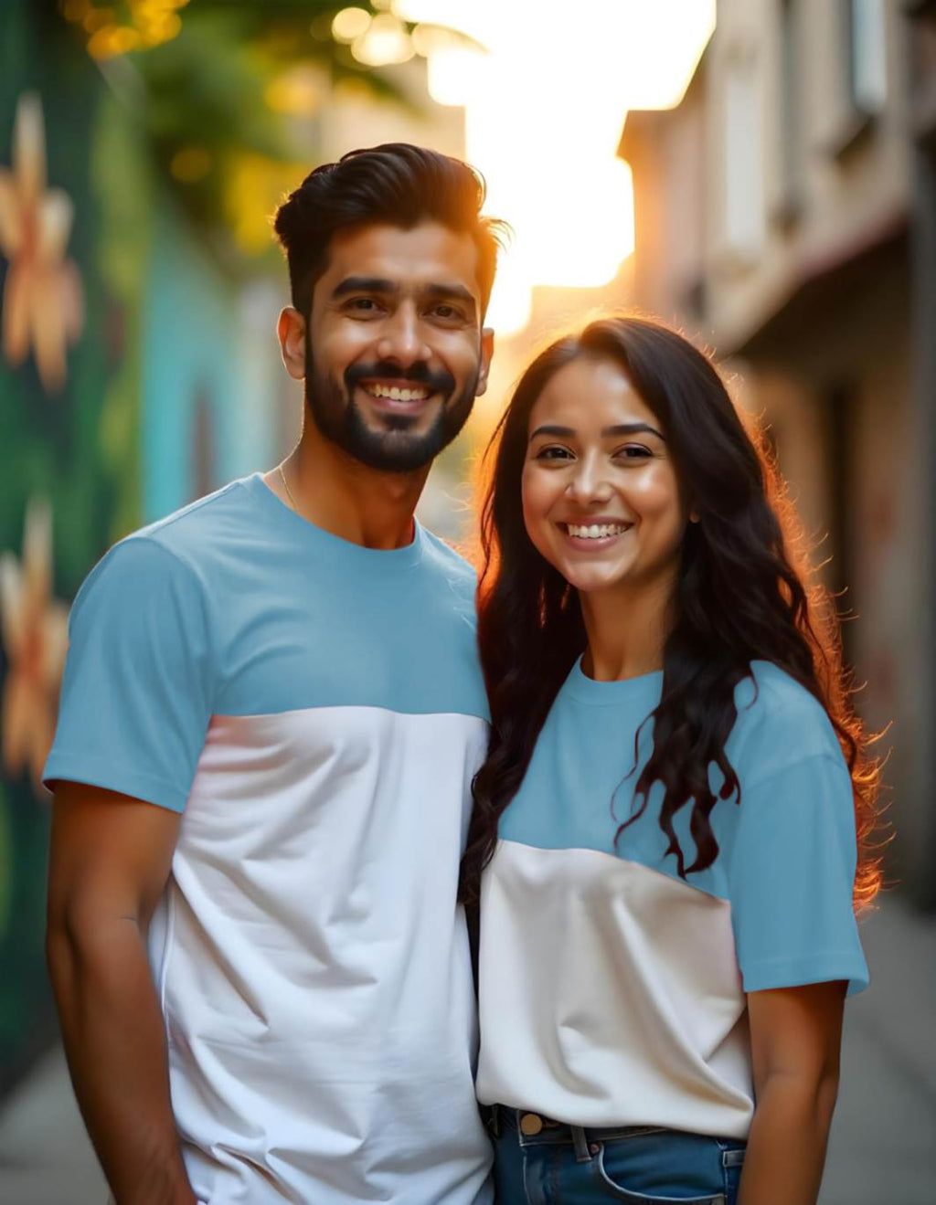PastelBlue-White Matching Color Block Couple T-Shirts