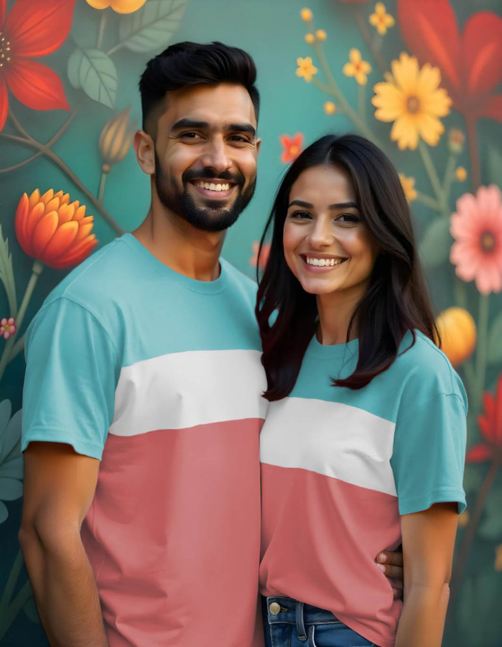 PastelBlue-White-Pastel Pink Color Block Couple Tees