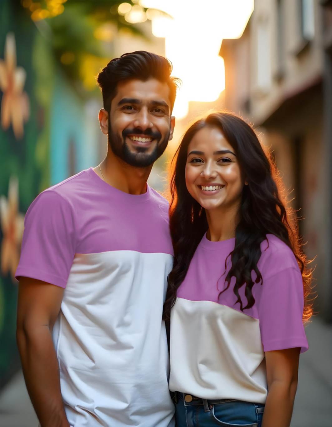 Lavender-White Twinning in Style- Color Block Couple T Shirts