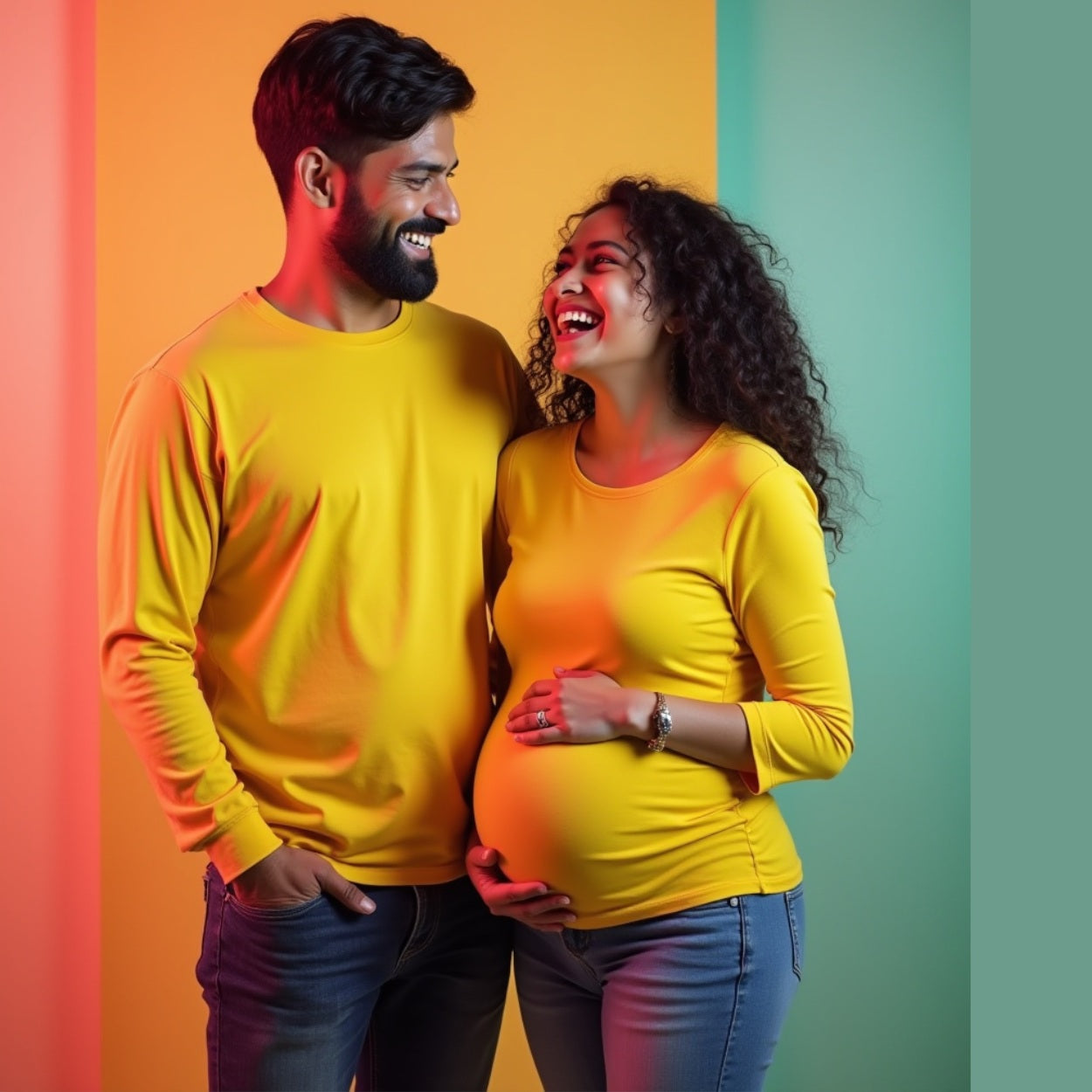 Plain Mustard Full Sleeve Maternity Couple T-Shirts