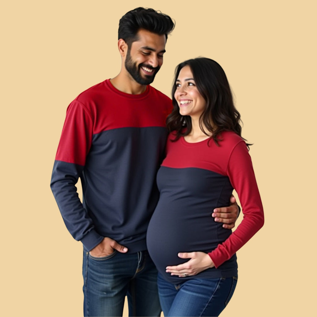 Red and Navy Cut Sew Colour Block Maternity Couple Tshirt