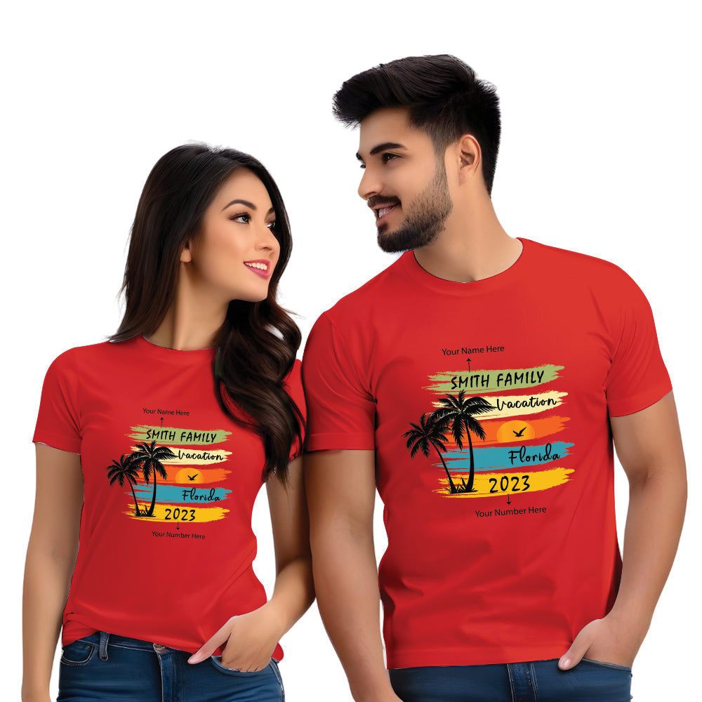Half Sleeve Name Vacation Print Couple T Shirt