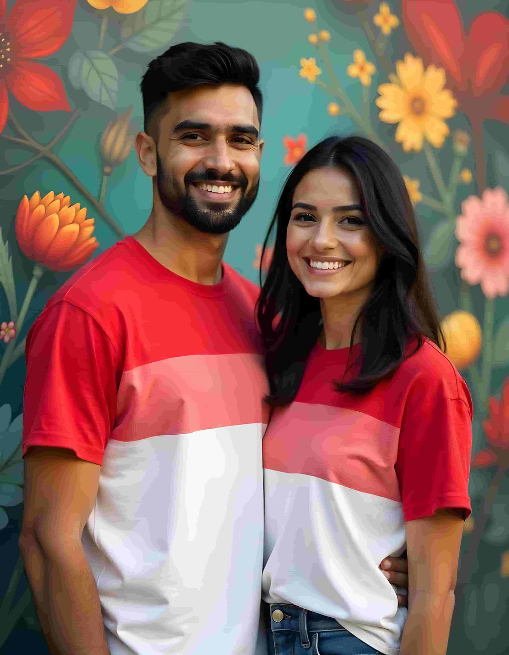 Red-PastelPink-White New Couple Color Block Tshirts
