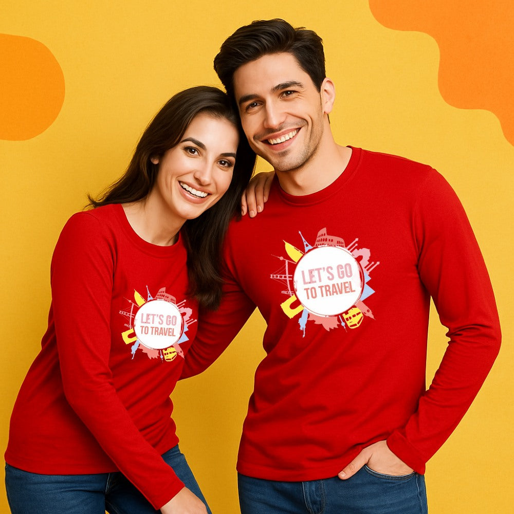 Adventure Awaits Matching Couple Full Sleeve Travel T-Shirts Red