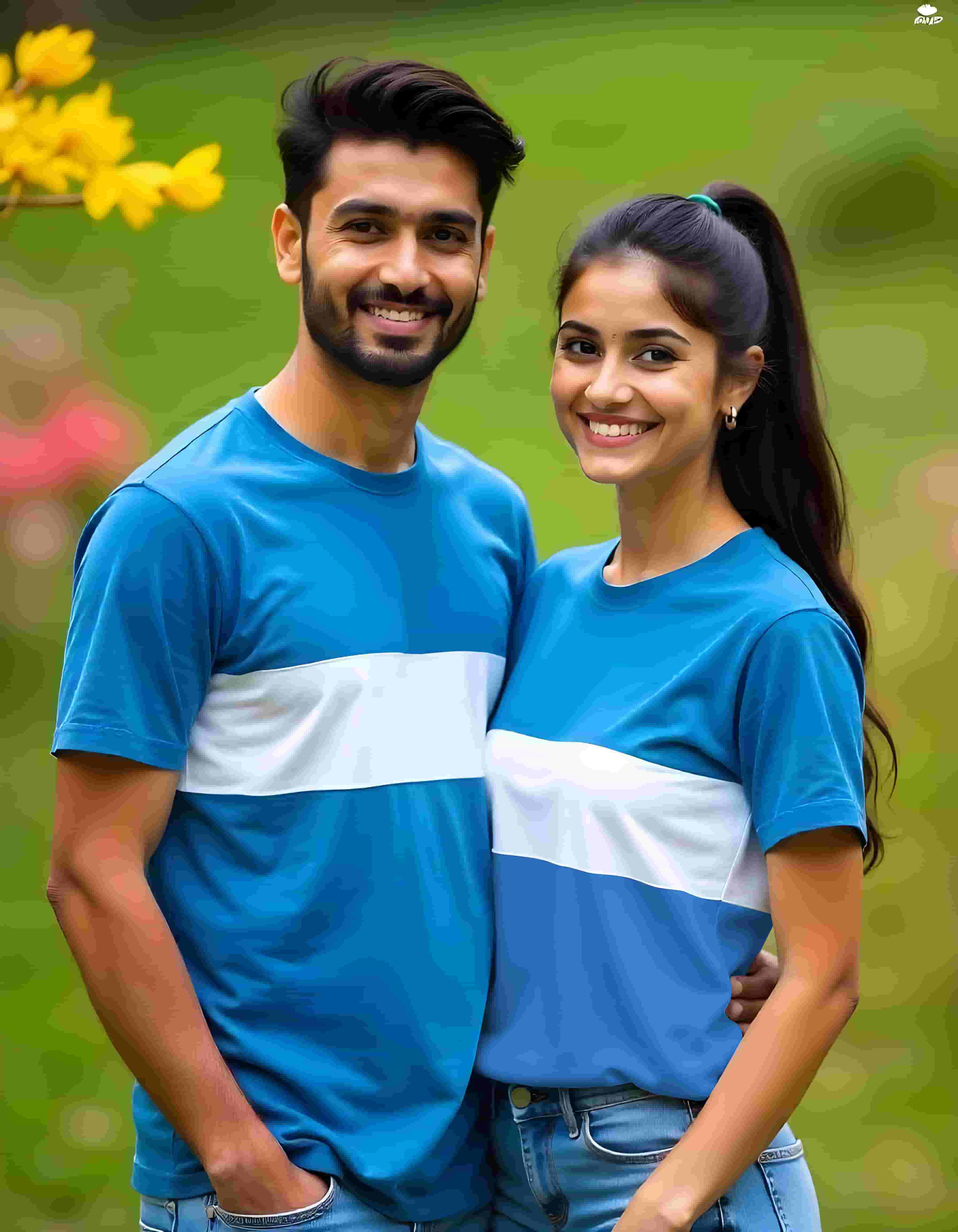 RoyalBlue-White Cut Sew Couple Tshirts