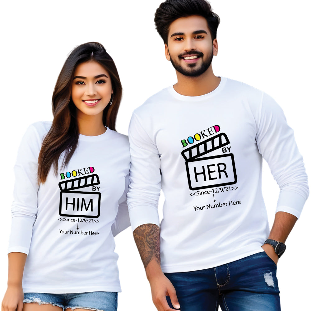 Booked by Him & Her Printed Couple Full Sleeve T Shirt