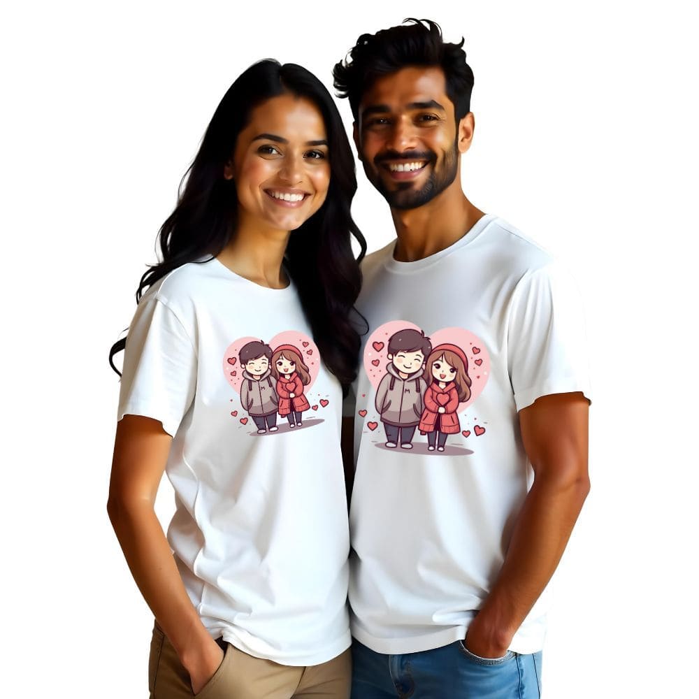 Cute Animated Couple Printed Customisable Couple Tshirts