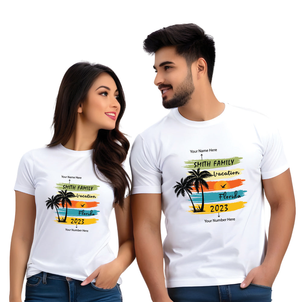 Half Sleeve Name Vacation Print Couple T Shirt