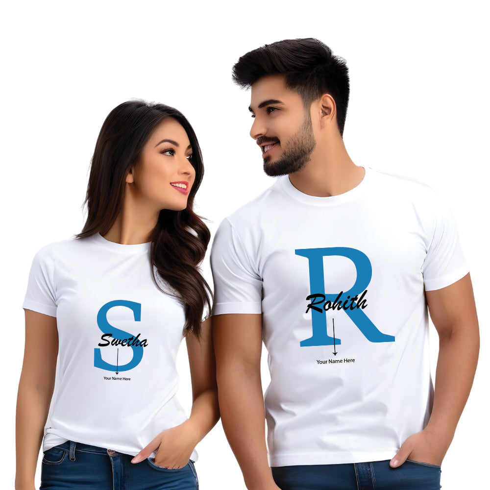 Half Sleeve Your Name Here Printed Couple T-Shirt