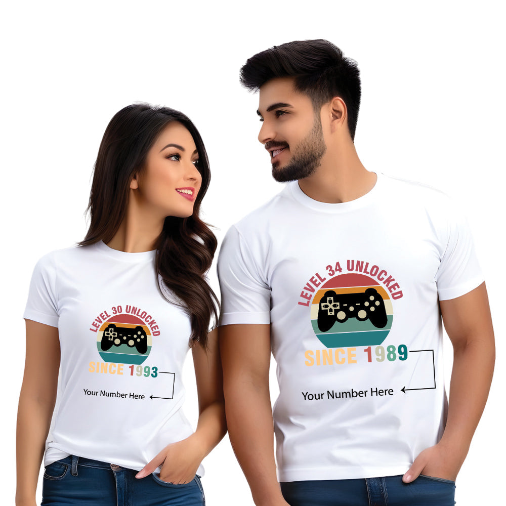 Half Sleeve Level Unlocked Print Couple T Shirt
